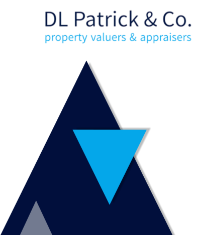 Logo of David Patrick & Company with three triagnles in blue, light blue and transparent grey